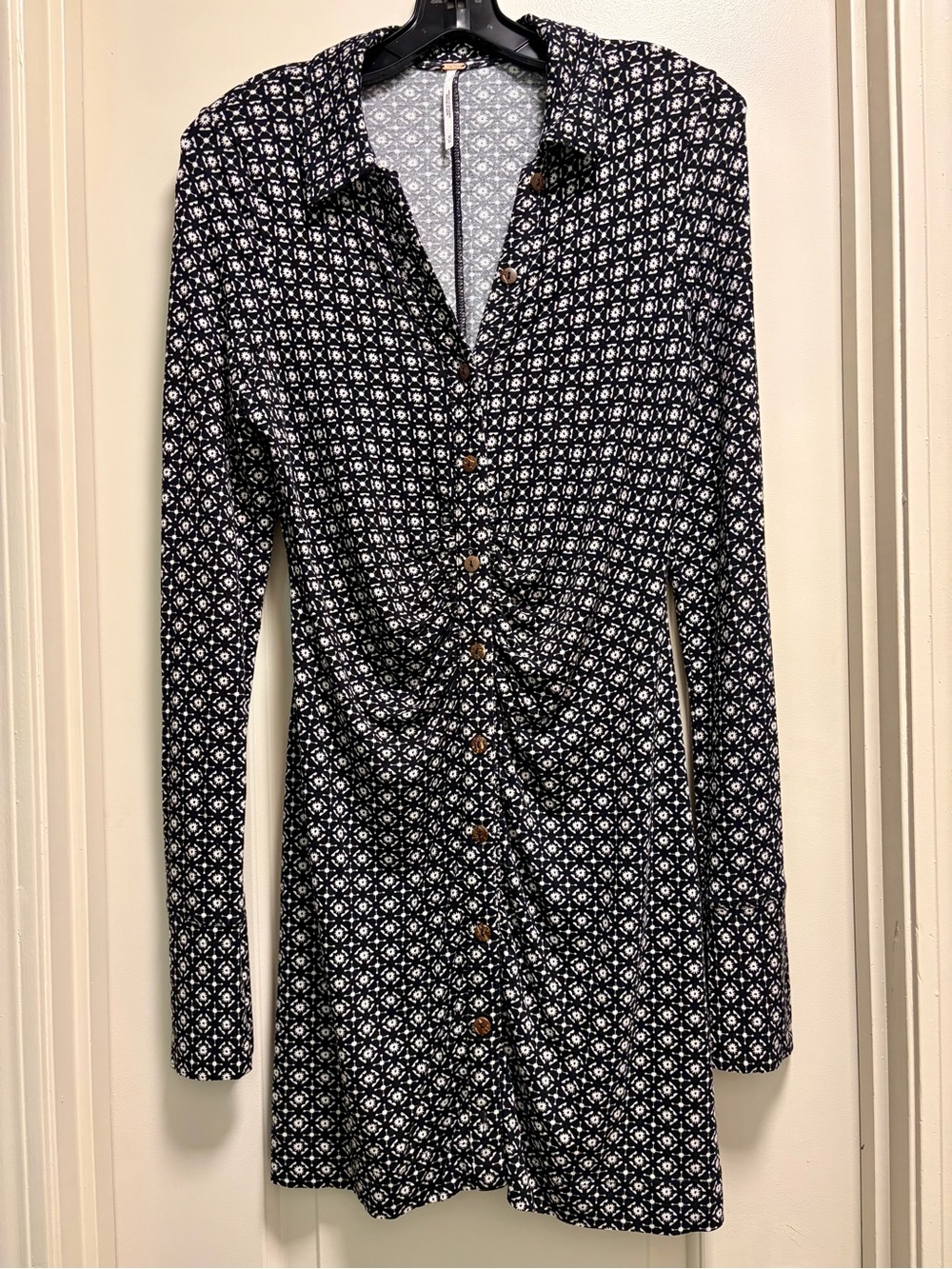 Free People Shayla Mini Shirt Dress — Ruched Black & White Print / Size Medium - Picture 2 of 9
